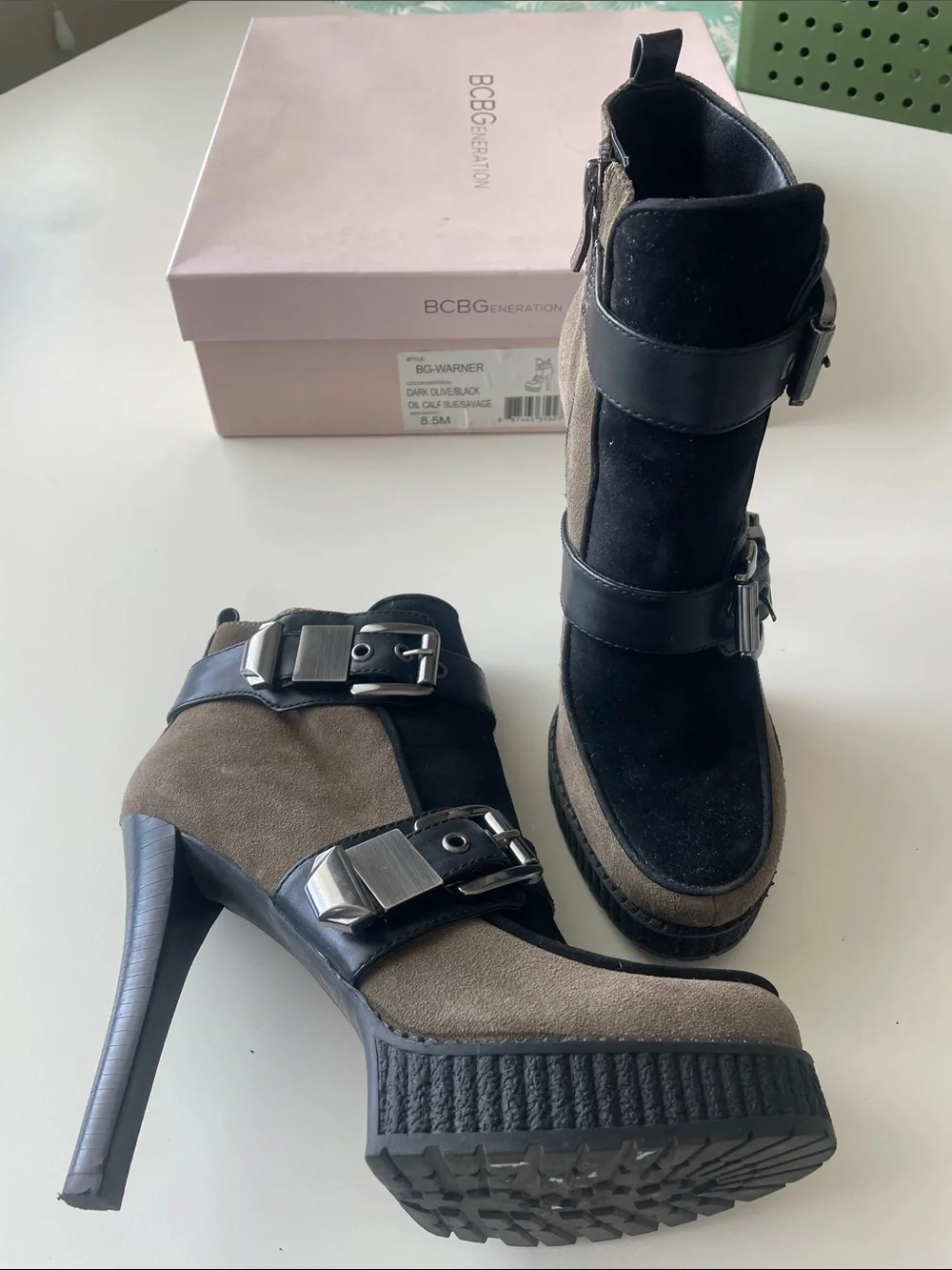 BCBGeneration Black and Brown Suede Buckle Ankle Boots